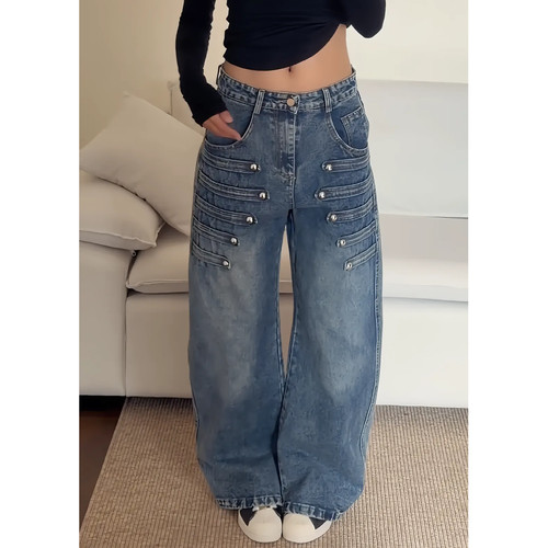 大码美式复古排扣刺绣牛仔裤女
