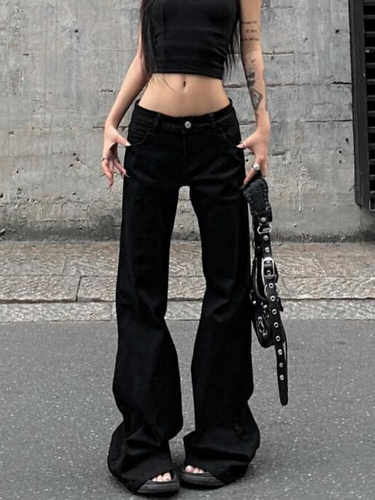 大码美式辣妹低腰微喇牛仔裤直筒