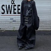 男女宽松垂感阔腿弯刀长裤 水洗做旧设计感排扣牛仔裤 街头大码 美式