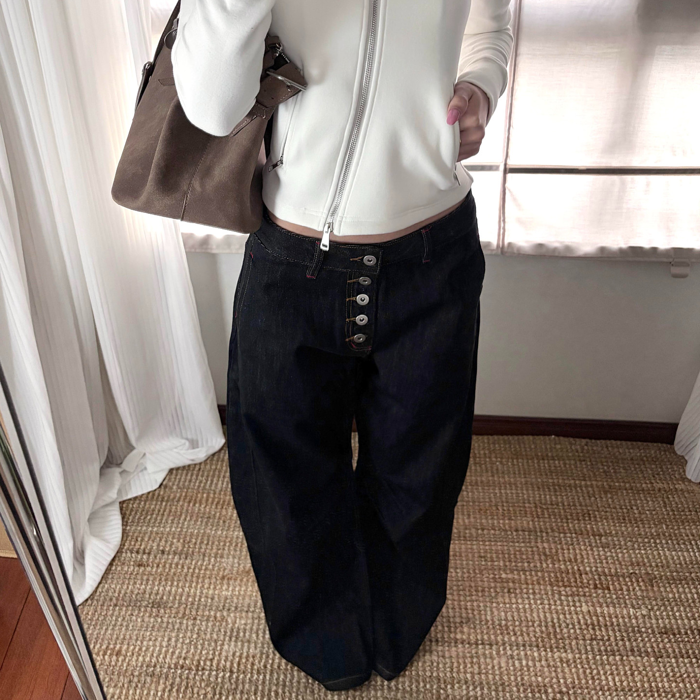 美式复古水洗原牛排扣阔腿牛仔裤