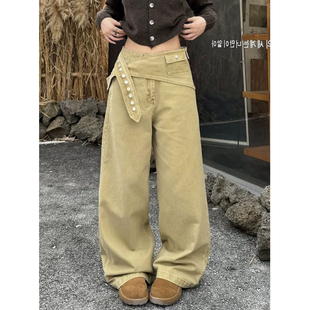 大码 配腰包小众长裤 复古高腰阔腿牛仔裤 裤 女高街宽松直筒工装 美式
