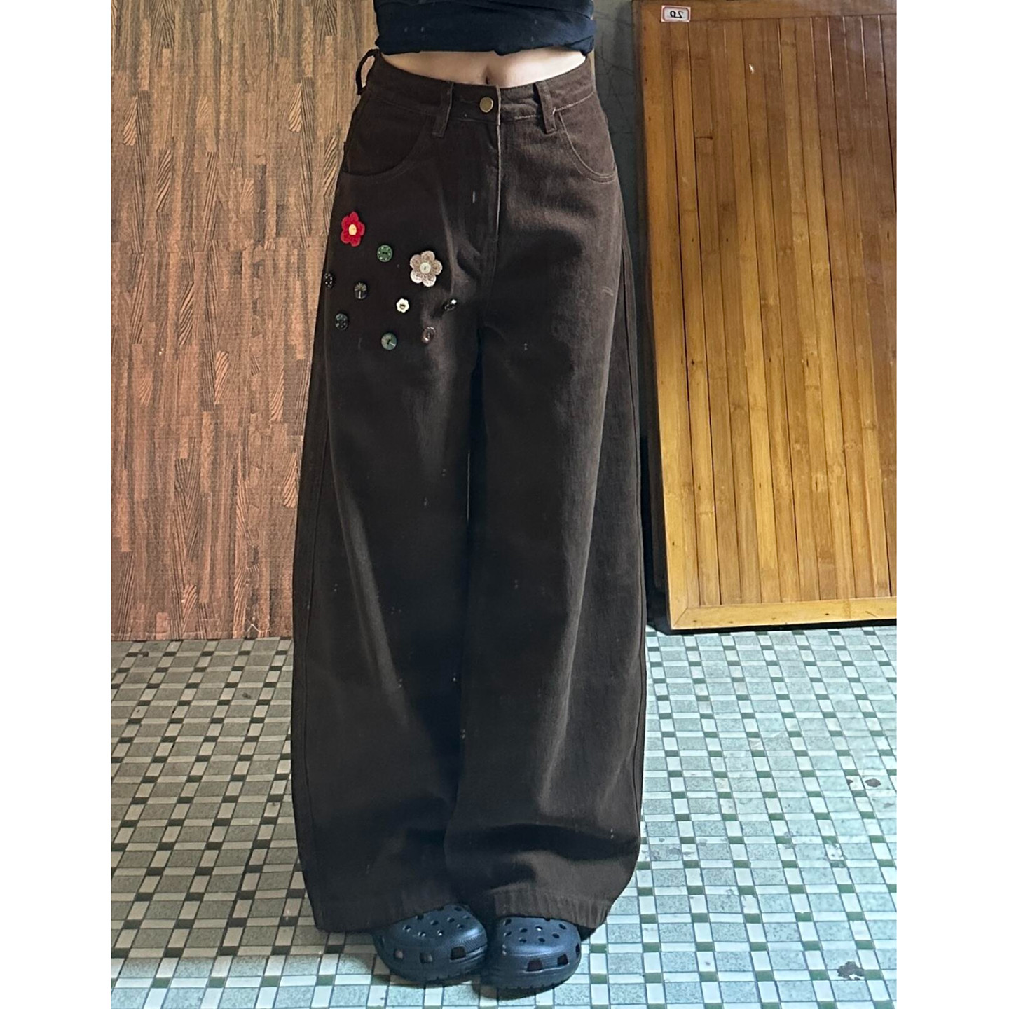 大码美式复古花朵纽扣阔腿牛仔裤女胖mm秋冬加绒宽松显瘦垂感长裤,女装/女士精品,大码裤装,淘宝优惠券,粉丝福利购,淘宝优惠卷