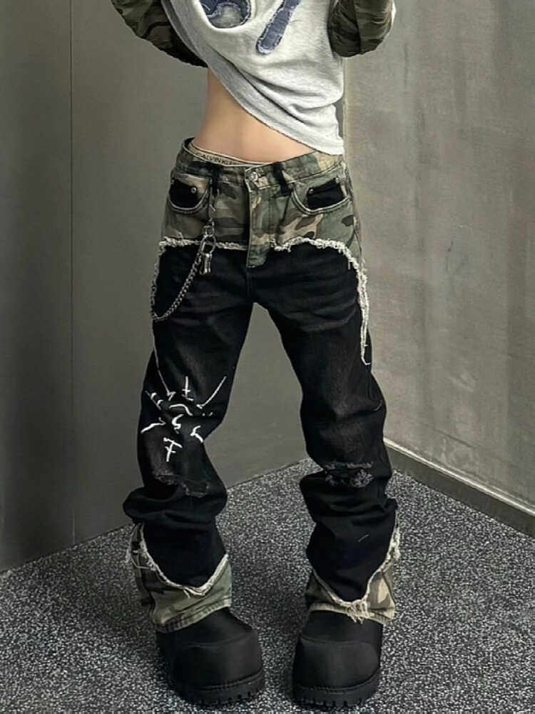 남성과 여성을 위한 대형 미국 스트리트 워싱 위장 접합 청바지 국가 패션 힙합 스트레이트 루즈 슬리밍 바지 유행