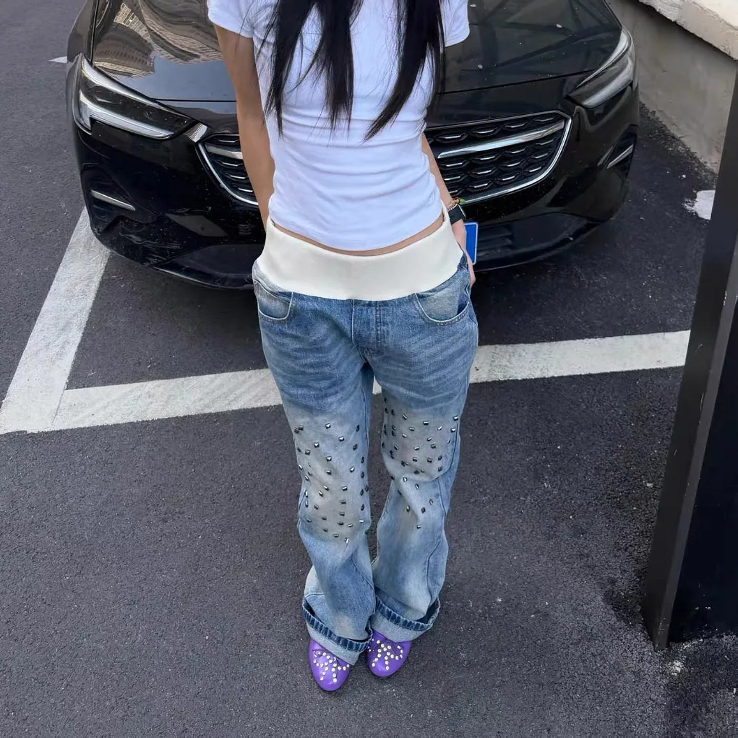 大码美式复古水洗铆钉螺纹腰头牛仔裤女秋季新款辣妹风宽松阔腿裤