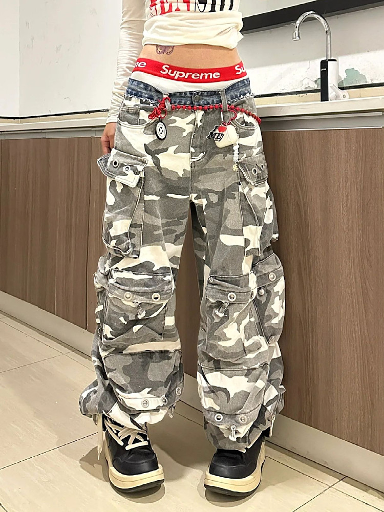 가을 루즈한 와이드 팬츠 남녀공용 대형 아메리칸 바이브 스트리트 카무플라주 데님 스플라이스 웨이스트 멀티 포켓 오버롤