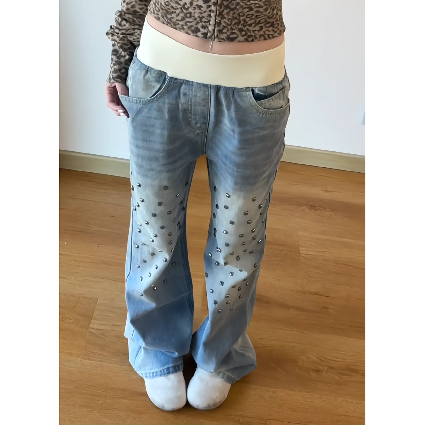 大码美式复古水洗铆钉螺纹腰头牛仔裤女秋季新款百搭宽松阔腿长裤
