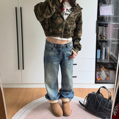 大码美式复古做旧阔腿牛仔裤女