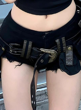 美式辣妹重磅复古水洗牛仔短裤女y2k设计感皮带毛边a字包臀热裤子
