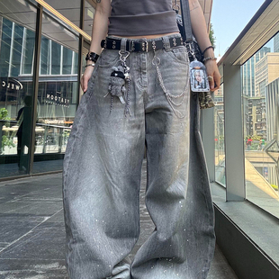 女2025夏街头风宽松阔腿长裤 复古水洗做旧泼墨弯刀牛仔裤 美式 大码