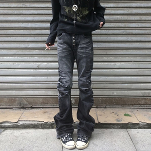 男女潮牌高腰百搭排扣直筒裤 复古水洗立体猫须弯刀牛仔裤 大码 美式