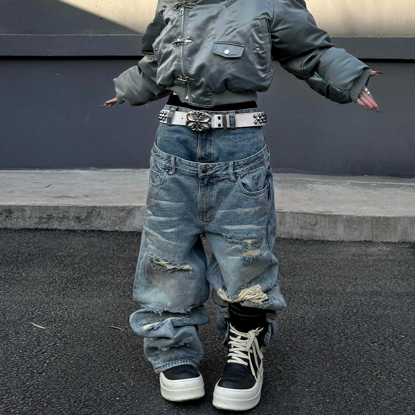 大码美式复古水洗破洞阔腿牛仔裤男女街头重工双腰头设计感长裤潮,女装/女士精品,大码裤装,淘宝优惠券,粉丝福利购,淘宝优惠卷