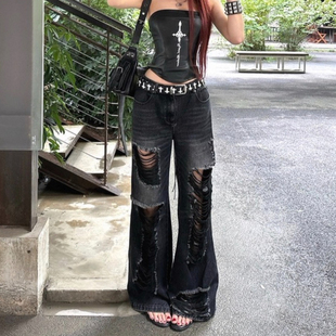 女复古做旧宽松阔腿拖地裤 街头辣妹水洗不规则破洞牛仔裤 美式 大码
