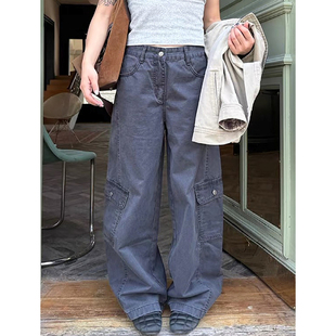 男女水洗做旧宽松休闲直筒长裤 大码 牛仔裤 复古多口袋拼接工装 美式
