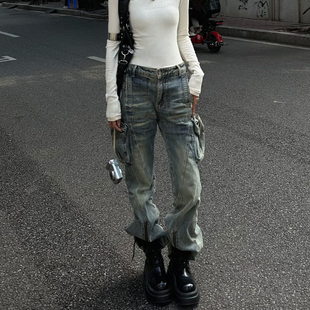 大码 显瘦街头解构设计感长裤 复古工装 女修身 子 风多口袋牛仔裤 美式