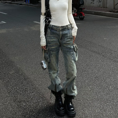 美式复古工装风多口袋牛仔裤