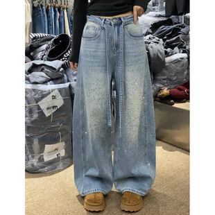 大码美式复古设计感烫钻牛仔裤女2025秋冬辣妹宽松显瘦阔腿拖地裤