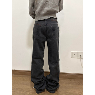 美式大码复古水洗口袋刺绣牛仔裤男女街头vibe直筒显瘦微喇长裤潮