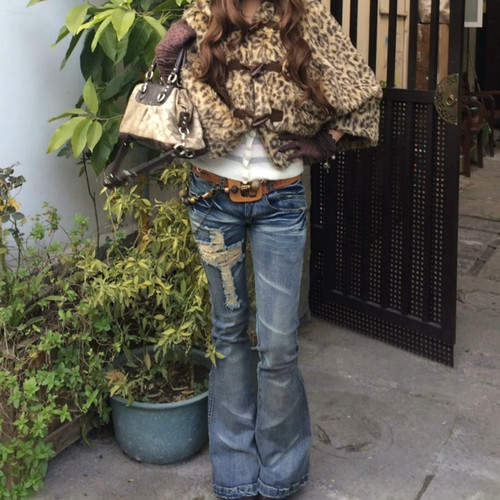 美式复古水洗十字架破洞牛仔裤