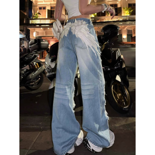 重工烫钻破洞阔腿长裤 大码 女2026新款 复古翅膀贴布直筒牛仔裤 美式