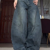大码 男女高街复古vibe宽松显瘦弯刀裤 美式 潮牌水洗解构阔腿牛仔裤