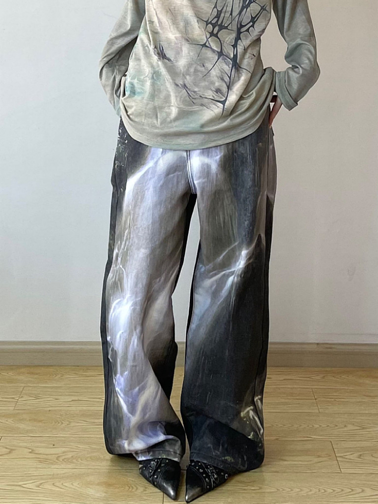 대형 아메리칸 스트리트 헤비듀티 워시 폭포 프린트 청바지 여성 디자인 루즈 캐주얼 와이드 레그 바지 트렌디