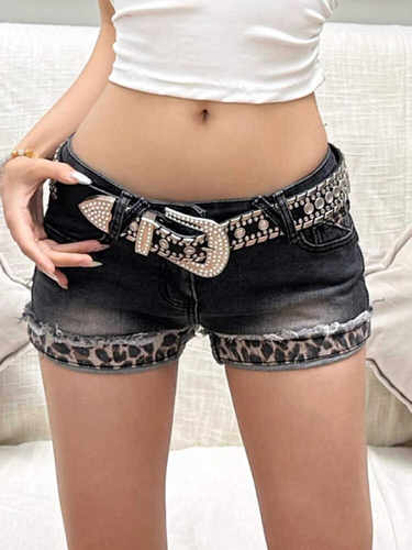 大码美式辣妹豹纹卷边牛仔短裤潮