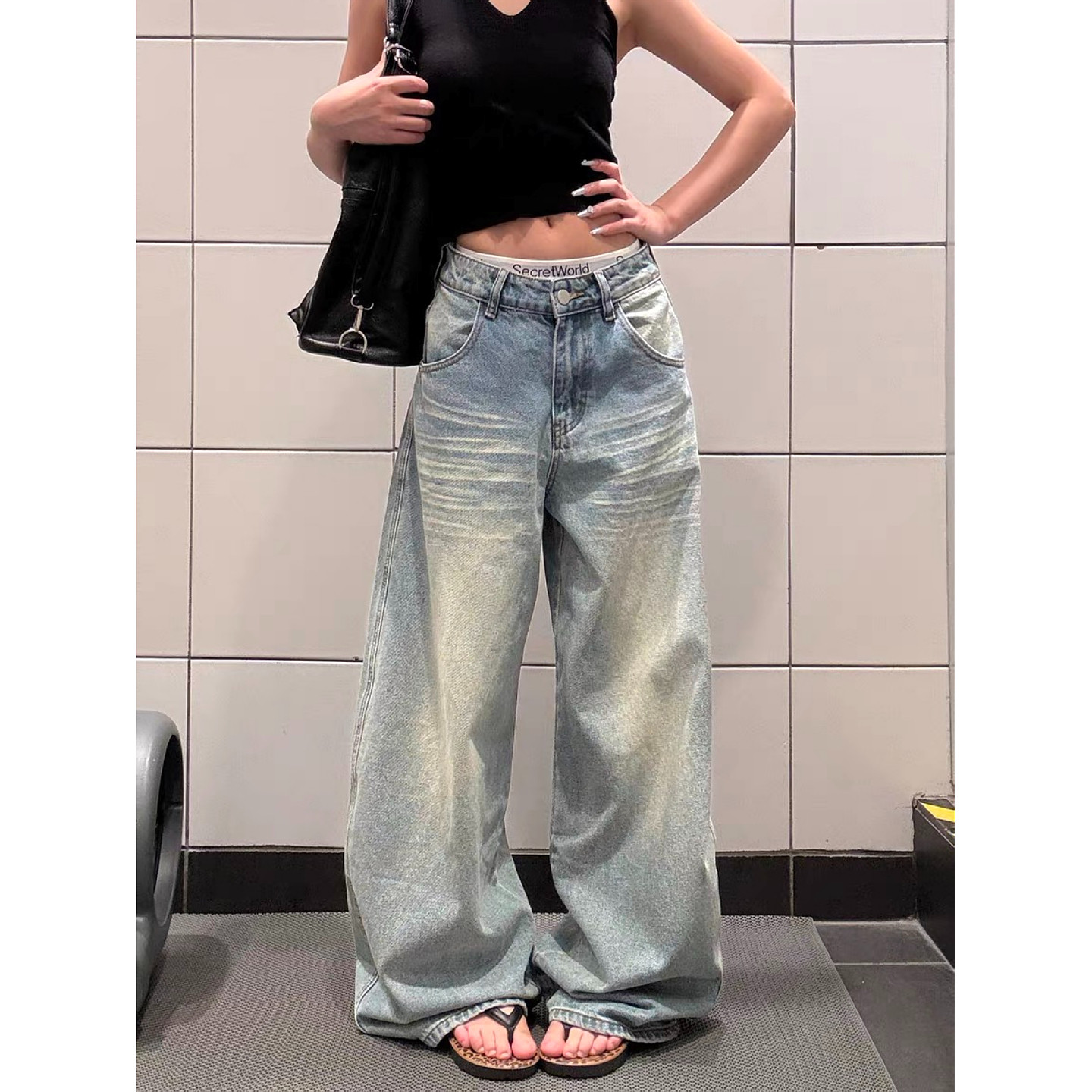 大码美式复古水洗猫须抓纹牛仔裤女高街宽松直筒百搭阔腿拖地裤潮,女装/女士精品,大码裤装,淘宝优惠券,粉丝福利购,淘宝优惠卷