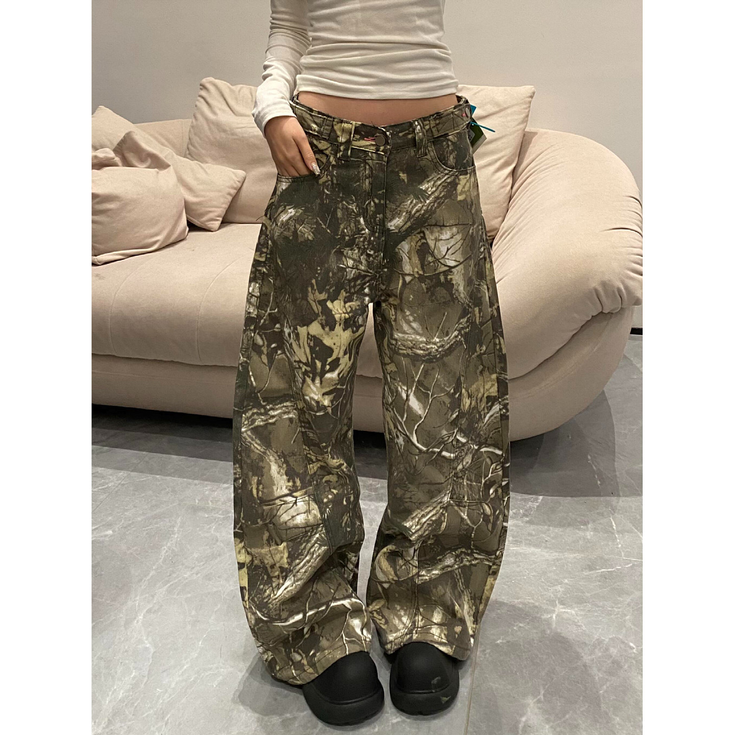 大码美式复古树枝迷彩弯刀牛仔裤男女街头字母刺绣宽松百搭阔腿裤,女装/女士精品,大码裤装,淘宝优惠券,粉丝福利购,淘宝优惠卷