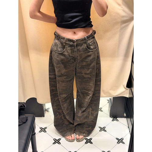 大码高腰显瘦阔腿迷彩牛仔裤女