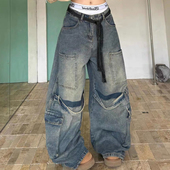 裤 大码 牛仔裤 男女街头宽松阔腿弯刀工装 美式 复古水洗做旧拼接工装