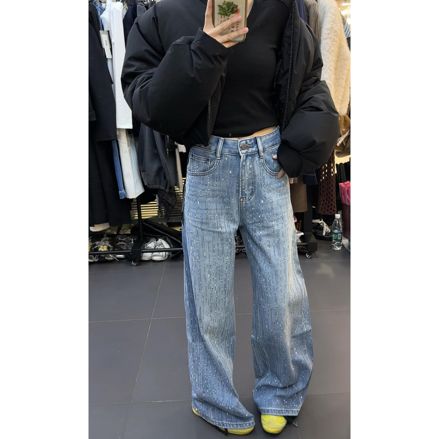 欧美式vibe复古爆闪满天星烫钻牛仔裤女设计感小众重工宽松阔腿裤,女装/女士精品,大码裤装,淘宝优惠券,粉丝福利购,淘宝优惠卷