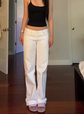 大码复古白色低腰显瘦牛仔裤女