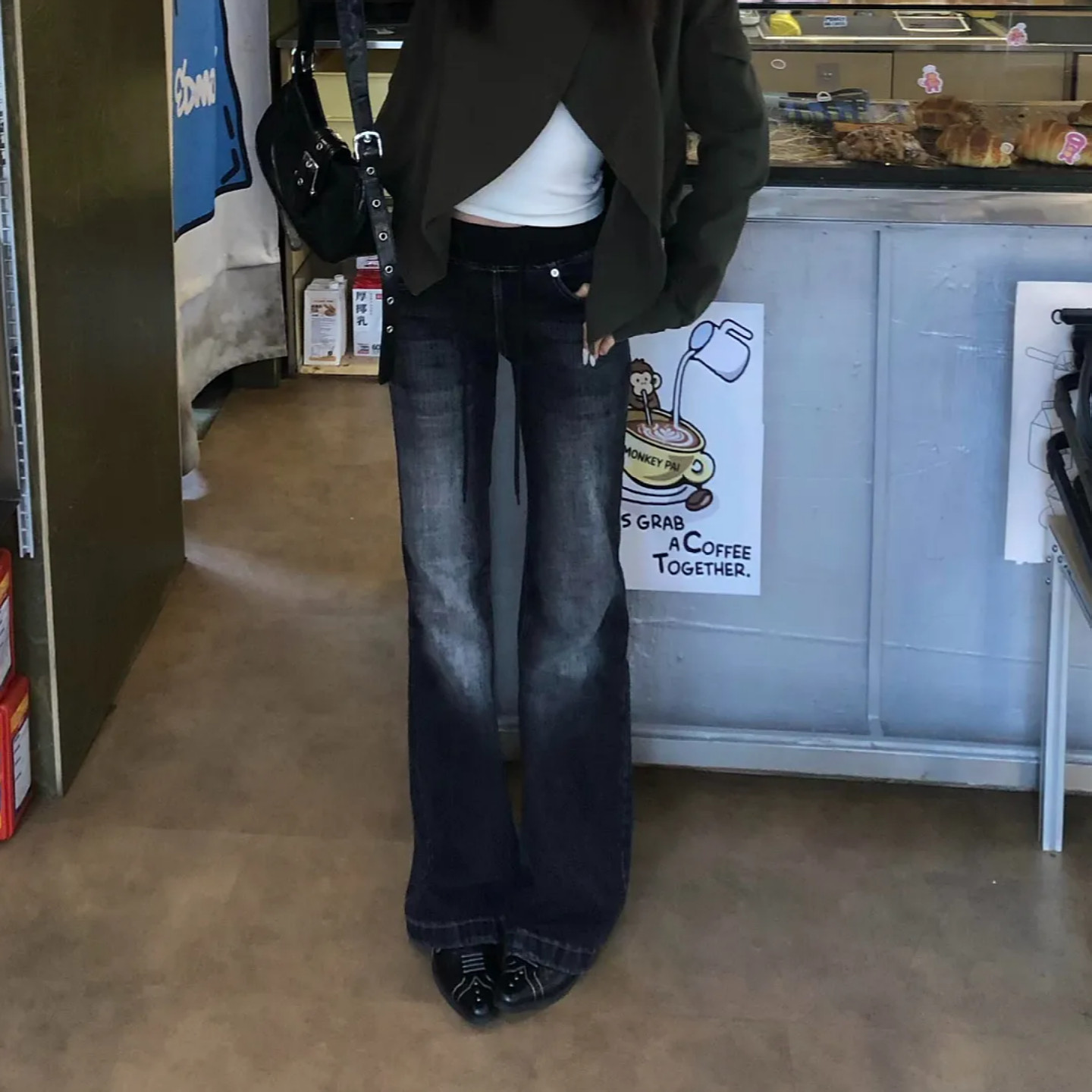 大码美式复古腰头拼接抽绳微喇牛仔裤女秋季新款辣妹显瘦修身长裤