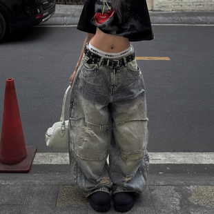 大码美式复古做旧破洞解构牛仔裤男女街头vibe宽松阔腿弯刀长裤潮