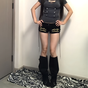 大码美式拿破仑抽绳低腰牛仔超短裤女y2k亚比辣妹修身包臀热裤潮
