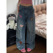 裤 美式 潮 女2025秋季 高街宽松直筒显瘦工装 大码 复古卡通刺绣牛仔裤