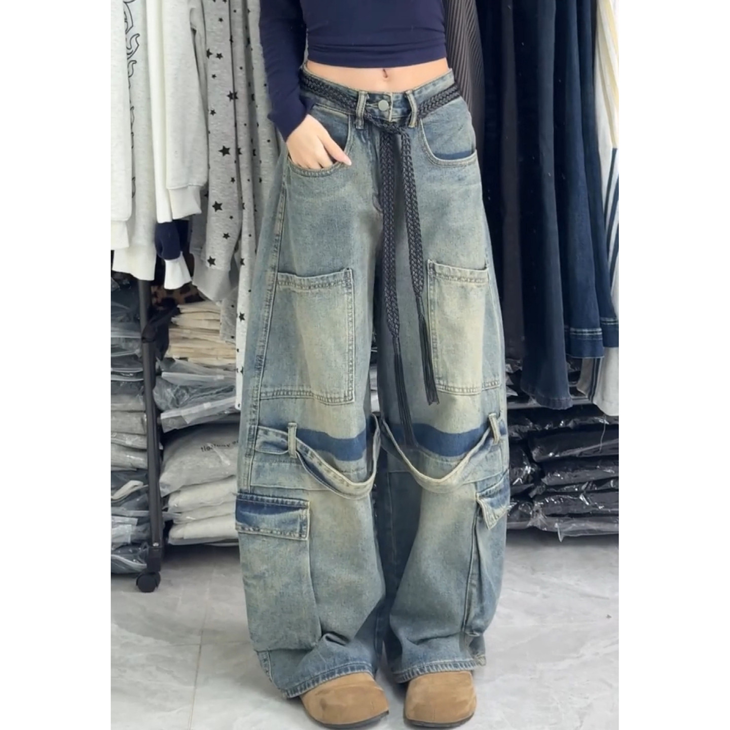 美式vibe大码复古做旧工装拼接弯刀牛仔裤男女街头宽松阔腿长裤潮,女装/女士精品,大码裤装,淘宝优惠券,粉丝福利购,淘宝优惠卷