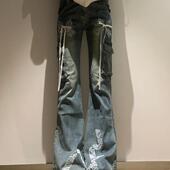 高腰显瘦辣妹微喇叭长裤 大码 女秋季 新款 美式 复古蕾丝蝴蝶结牛仔裤