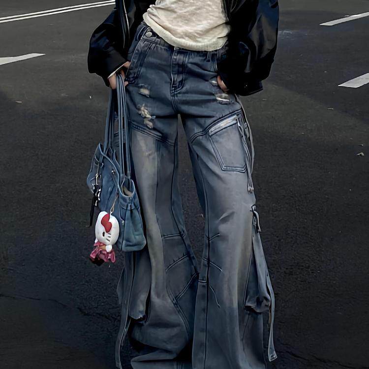 大码美式街头解构多口袋工装牛仔裤女秋冬新款磨破宽松垂感拖地裤,女装/女士精品,大码裤装,淘宝优惠券,粉丝福利购,淘宝优惠卷