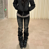 大码 女低腰机车造型休闲长裤 美式 复古y2k辣妹中古做旧微喇牛仔裤