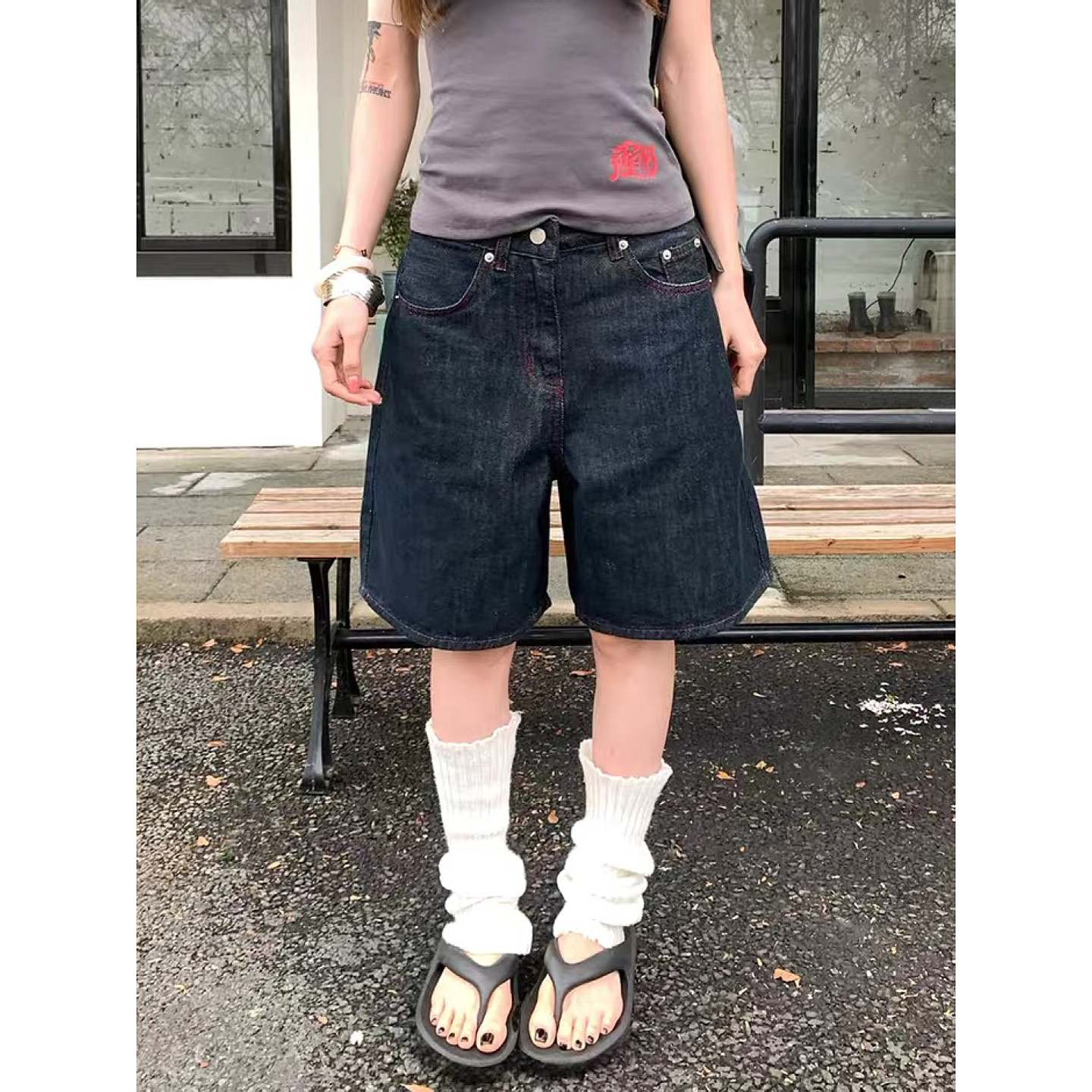 大码美式复古水洗直筒牛仔五分裤男女夏季新款宽松休闲阔腿中裤子