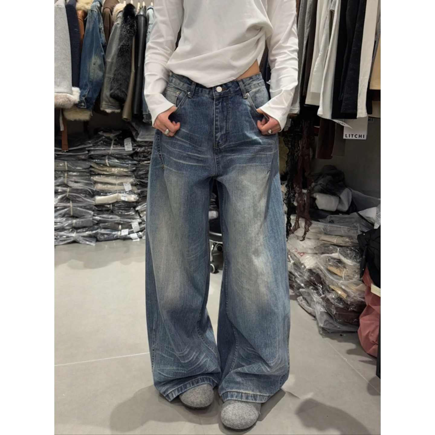 美式大码复古水洗折痕磨白阔腿牛仔裤女2026新款时尚宽松直筒长裤,女装/女士精品,大码裤装,淘宝优惠券,粉丝福利购,淘宝优惠卷