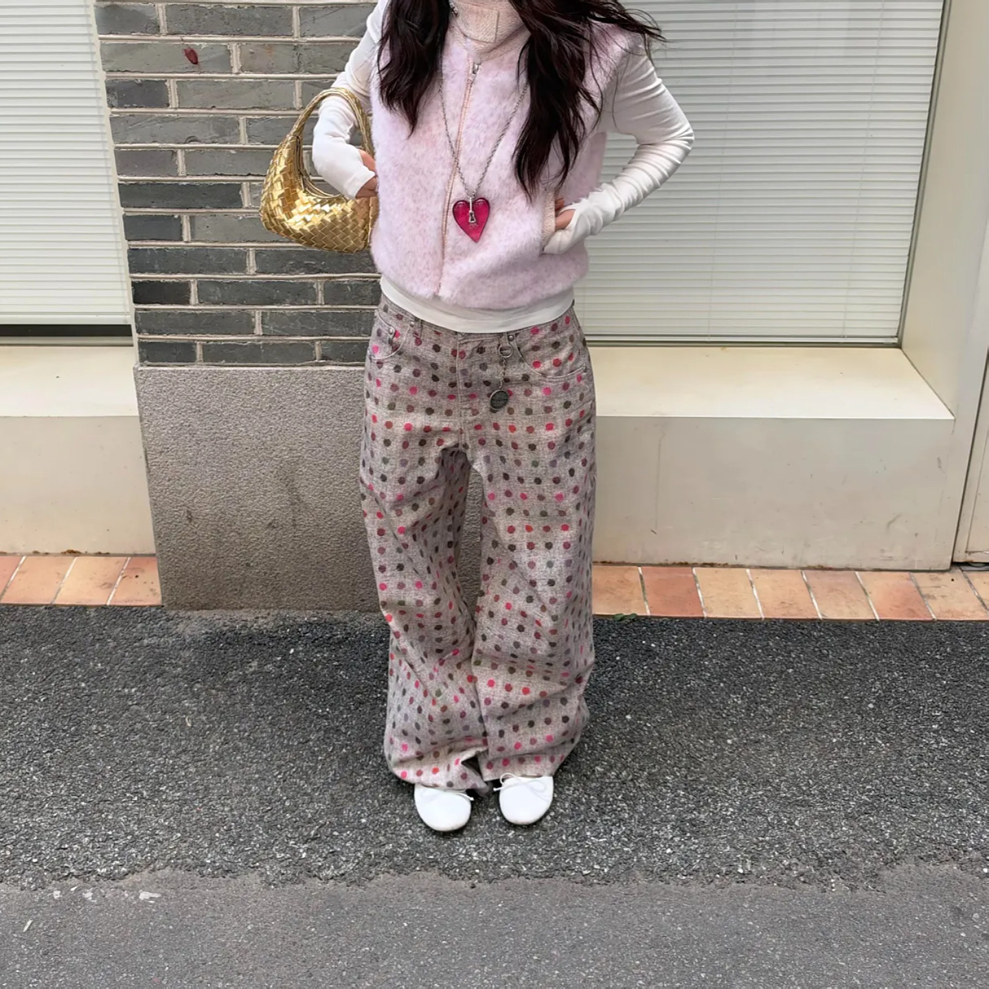 大码美式复古彩色波点印花牛仔裤女秋季新款宽松休闲慵懒风长裤子