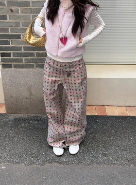 大码复古彩色波点牛仔阔腿裤女