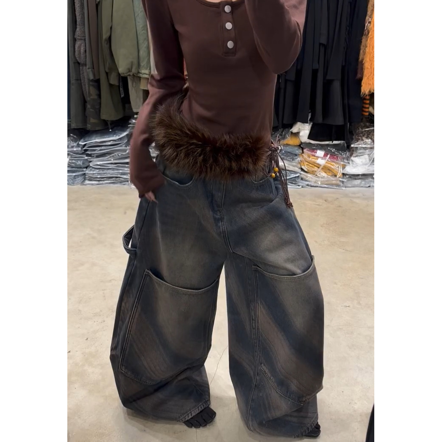 美式vibe复古水洗大口袋弯刀牛仔裤男女街头设计感宽松阔腿长裤潮,女装/女士精品,大码裤装,淘宝优惠券,粉丝福利购,淘宝优惠卷