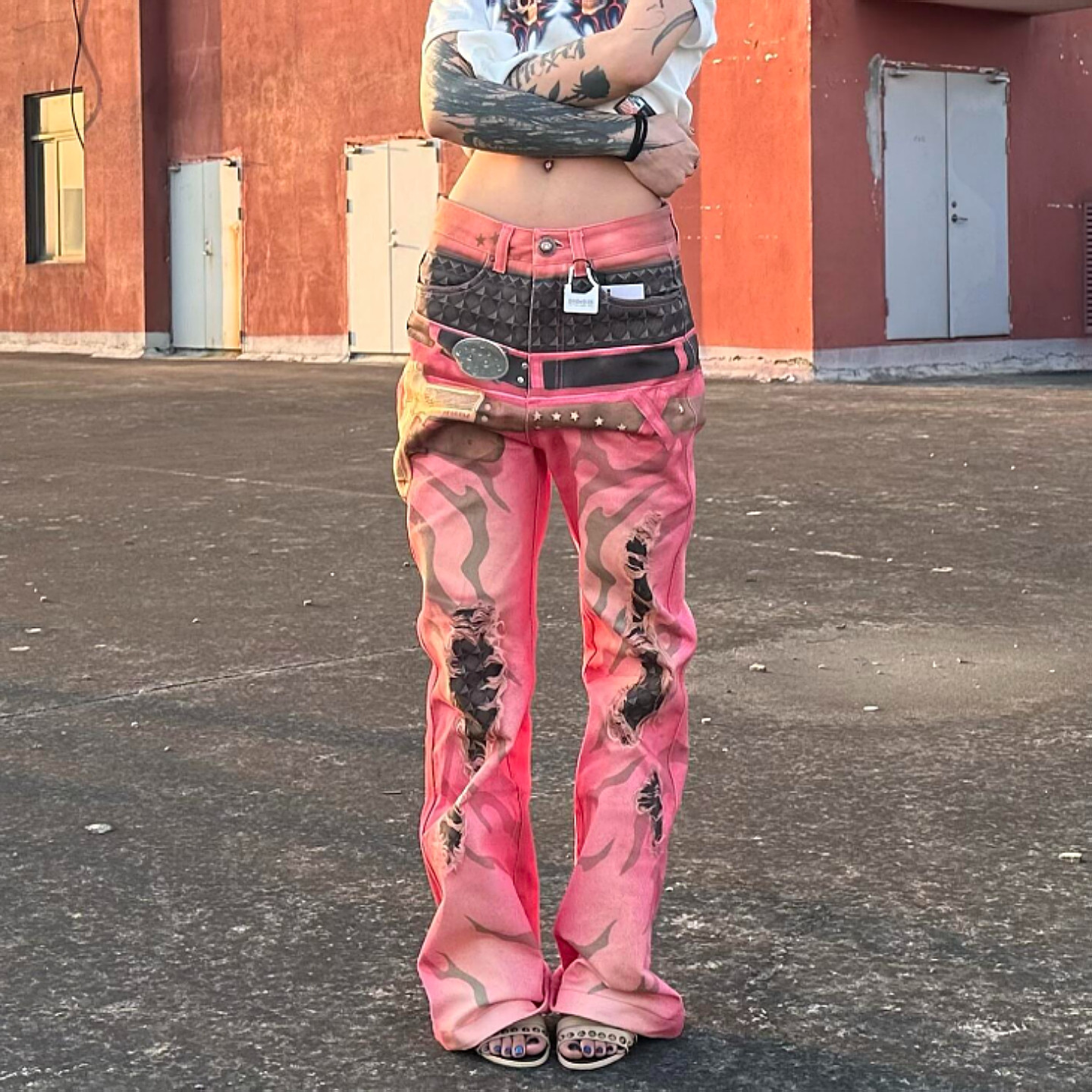 大码美式街头3D印花双腰头微喇牛仔裤男女设计感小众直筒显瘦长裤