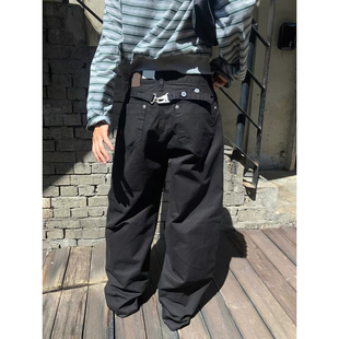 美式大码复古背面系带细节牛仔裤男女街头宽松直筒休闲百搭长裤子