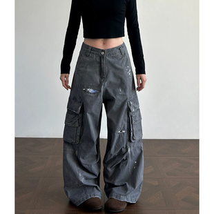 男女高街宽松显瘦泼墨休闲裤 大码 牛仔裤 水洗做旧格纹贴布工装 美式