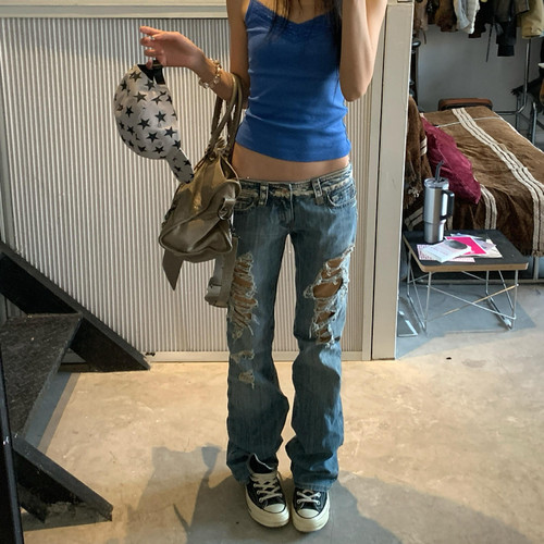美式辣妹大码低腰破洞牛仔裤