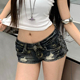 美式 辣妹重工烫金铁圈牛仔超短裤 女夏季 大码 低腰性感做旧破洞热裤